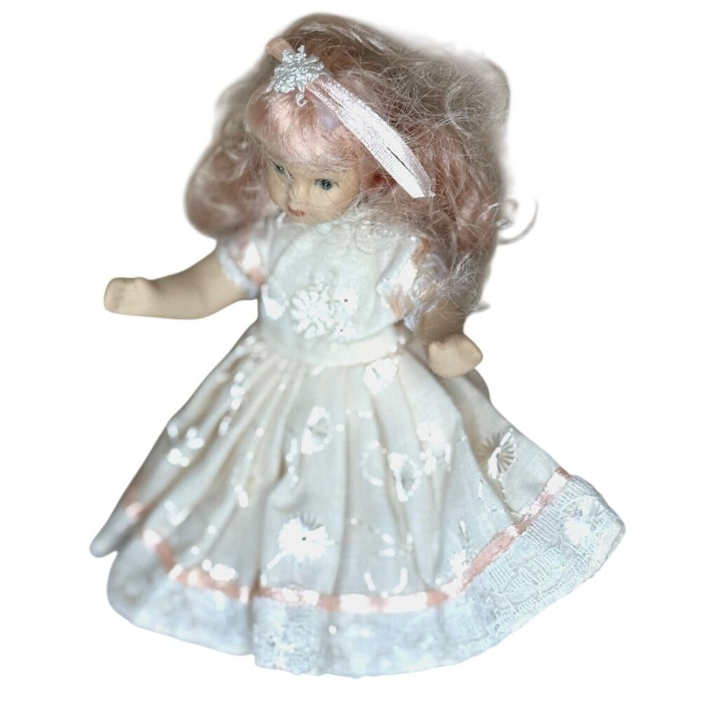 Vintage Porcelain Blonde Blue Eyes Doll Floral Lace Dress Victorian Strawberry - Picture 8 of 11